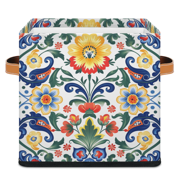 CURLYOOT Mexican Cube Storage Bin 11 Inch Fabric Storage Cube for Shelves Decorative Ethnic Mexico Floral Foldable Basket with Leather Handle for Closet Shelves Organizer
