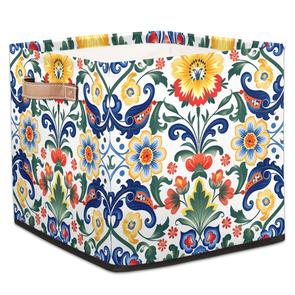 CURLYOOT Mexican Cube Storage Bin, 13 x 13 x 13 Storage Cube Bins for Organizing, Ethnic Mexico Floral Fabric Foldable Closet Baskets with Handles for Closet, Shelves, Clothes