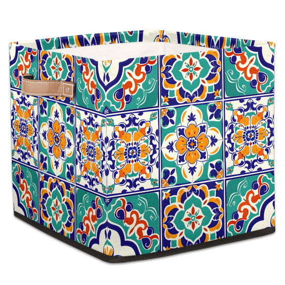 CURLYOOT Mexican Cube Storage Bin, 13 x 13 x 13 Storage Cube Bins for Organizing, Mexican Tile Fabric Foldable Closet Baskets with Handles for Closet, Shelves, Clothes