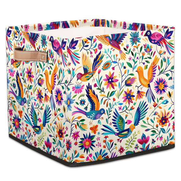 CURLYOOT Mexican Cube Storage Bin, 13 x 13 x 13 Storage Cube Bins for Organizing, Mexico Floral Bird Fabric Foldable Baskets with Handles for Closet, Shelves, Clothes