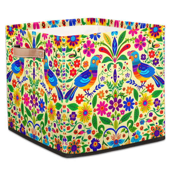 CURLYOOT Mexican Cube Storage Bin, 13 x 13 x 13 Storage Cube Bins for Organizing, Mexico Style Floral Bird Fabric Foldable Baskets with Handles for Closet, Shelves, Clothes