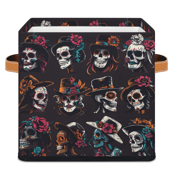 CURLYOOT Mexican Day Of The Dead Cube Storage Bin 11 Inch Fabric Storage Cube for Shelves Decorative Funny Sugar Skull Foldable Basket with Leather Handle for Closet Shelves Organizer