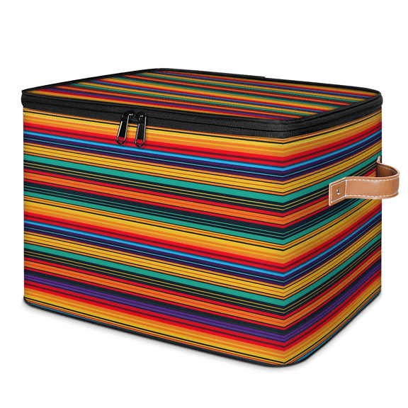 CURLYOOT Mexican Fabric Storage Bins with Lids, Abstract Vintage Aztec Lines Foldable Storage Boxes Washable Storage Cube, Closet Bedroom Home Organizer Containers with PU Leather Handles