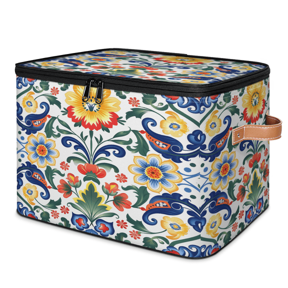 CURLYOOT Mexican Fabric Storage Bins with Lids, Ethnic Mexico Floral Foldable Storage Boxes Washable Storage Cube, Closet Bedroom Home Organizer Containers with PU Leather Handles