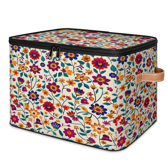 CURLYOOT Mexican Fabric Storage Bins with Lids, Traditional Flower Foldable Storage Boxes Washable Storage Cube, Closet Bedroom Home Organizer Containers with PU Leather Handles