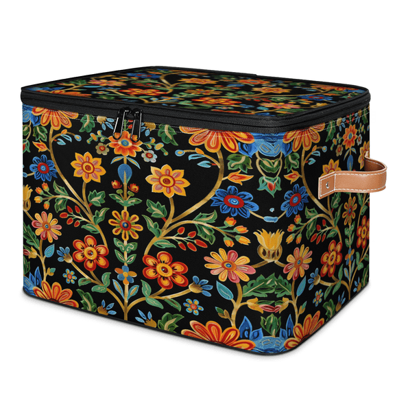 CURLYOOT Mexican Fiesta Fabric Storage Bins with Lids, Mexico Flower Foldable Storage Boxes Washable Storage Cube, Closet Bedroom Home Organizer Containers with PU Leather Handles