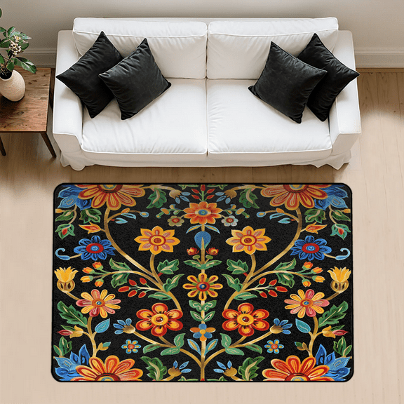 CURLYOOT Mexican Fiesta Rug for Living Room Bedroom, 4x6 Ft Washable Area Rug, Non Slip Rugs for Entryway, Mexico Flower Large Carpet for Indoor Dining Room