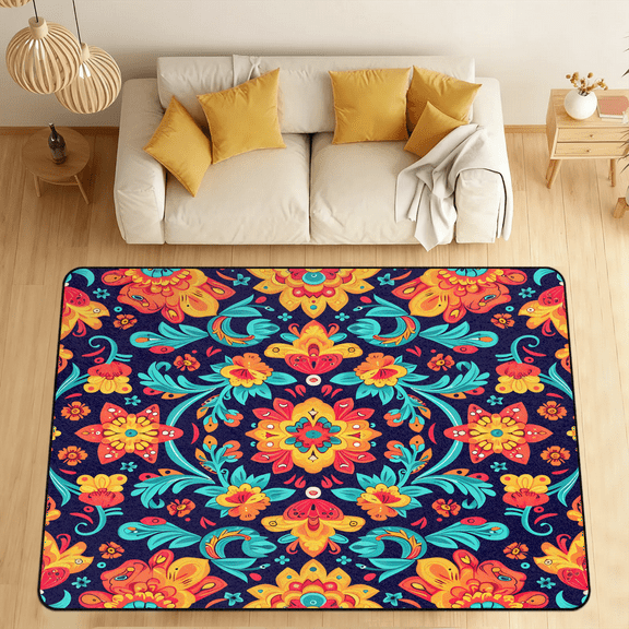 CURLYOOT Mexican Floral Area Rugs 5'x7' Washable Rug Large Living Room Rug Non Slip Boho Indoor Floor Carpet for Dining Room Bedroom Home