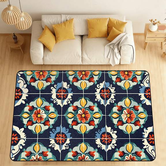 CURLYOOT Mexican Floral Area Rugs 5'x7' Washable Rug Large Living Room Rug Non Slip Talavera Pattern Indoor Floor Carpet for Dining Room Bedroom Home