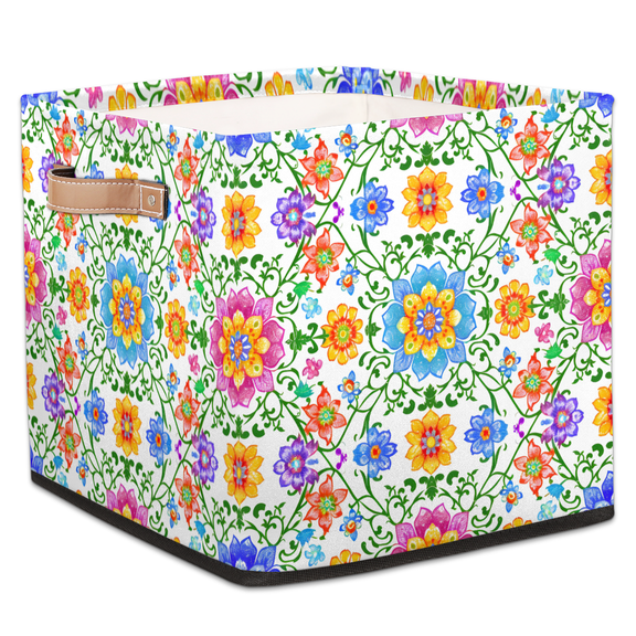 CURLYOOT Mexican Floral Cube Storage Bin, 13 x 13 x 13 Storage Cube Bins for Organizing, Boho Flower Fabric Foldable Closet Baskets with Handles for Closet, Shelves, Clothes
