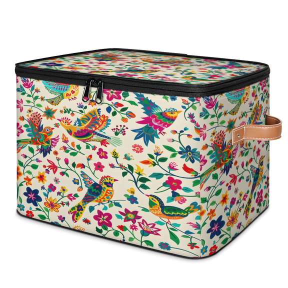 CURLYOOT Mexican Flower Fabric Storage Bins with Lids, Talavera Bird Foldable Storage Boxes Washable Storage Cube, Closet Bedroom Home Organizer Containers with PU Leather Handles