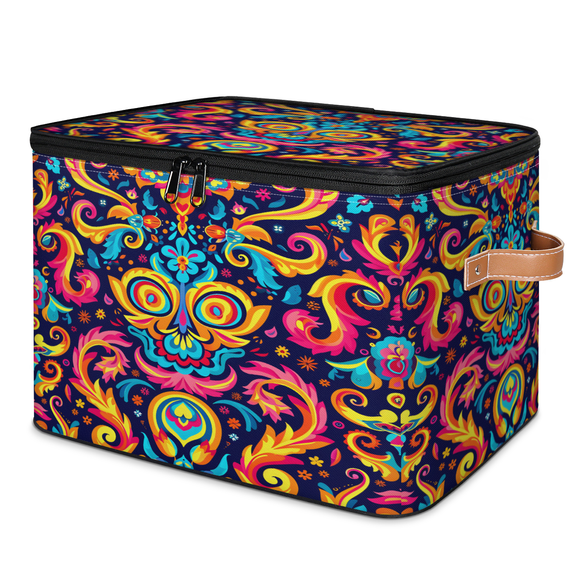 CURLYOOT Mexican Flower Storage Bins with Zipper Lid Fabric Storage Baskets Boxes Ethnic Traditional Washable Foldable Clothes Organizer Container with Leather Handles for Shelves Closet