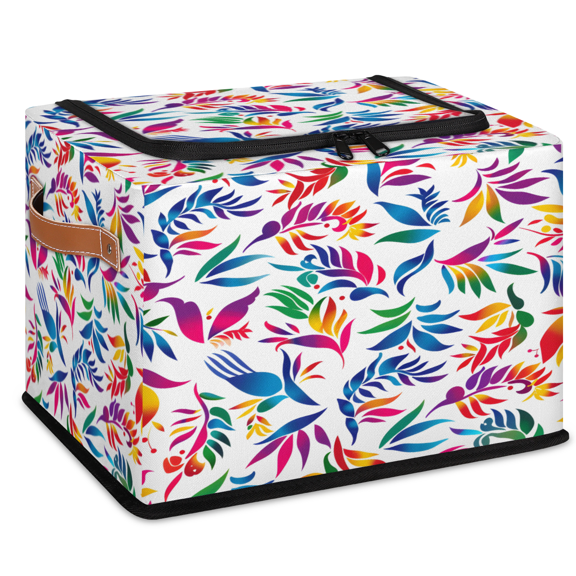 CURLYOOT Mexican Otomi Flower Storage Bin With Zipper Lid, Foldable Clothes Organizer Lidded Storage Baskets, Rectangular Box Closet Shelf Organizer