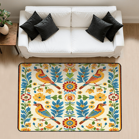 CURLYOOT Mexican Style Talavera Area Rug 3x5 Ft Rugs for Entryway Entrance Kitchen, Washable Non Slip Bird Flower Indoor Floor Carpet for Bedroom Living Room
