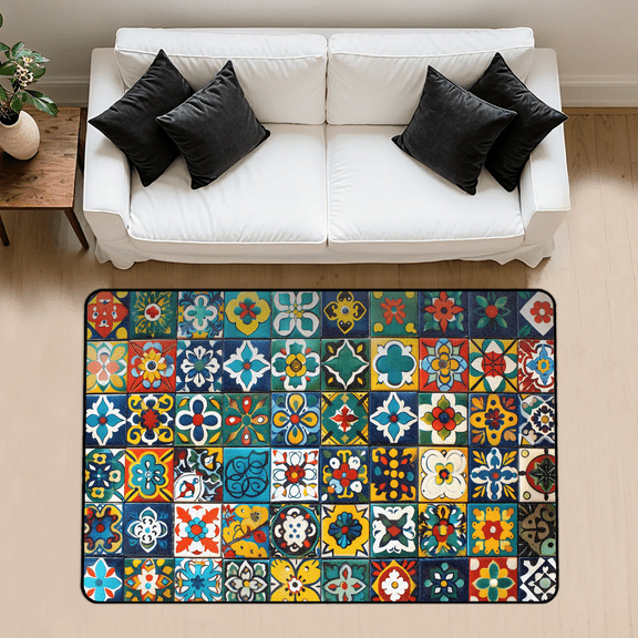 CURLYOOT Mexican Talavera Area Rug 3x5 Ft Rugs for Entryway Entrance Kitchen, Washable Non Slip Colorful Bohemian Indoor Floor Carpet for Bedroom Living Room