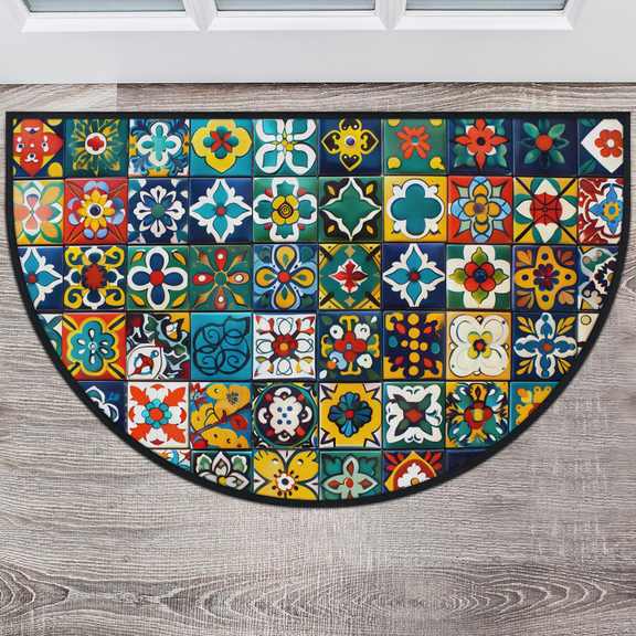 CURLYOOT Mexican Talavera Half Round Door Mat, Indoor Outdoor Entrance Rug, Colorful Bohemian Semi Circular Area Rug, Non Slip Washable Absorbent Doormat, Laundry Room Rug 24'' x 36''