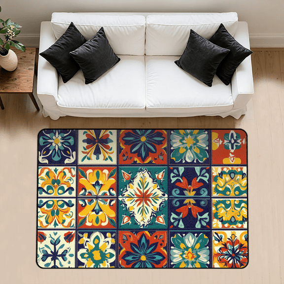 CURLYOOT Mexican Talavera Rug for Living Room Bedroom, 4x6 Ft Washable Area Rug, Non Slip Rugs for Entryway, Boho Floral Large Carpet for Indoor Dining Room