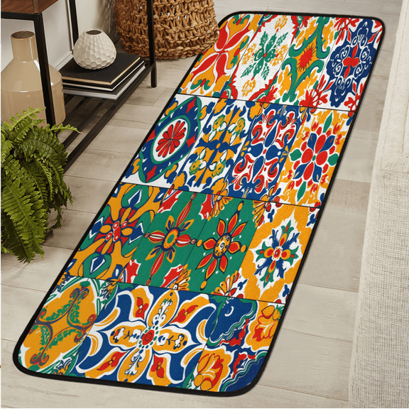 CURLYOOT Mexican Talavera Tile Runner Rug 2'x6' Washable Kitchen Runner Rug Indoor Non Slip Laundry Rugs Mexican Tile Floor Carpet for Hallway Kitchen Entryway Bedroom Living Room