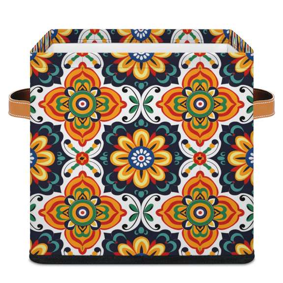 CURLYOOT Mexican Tile Cube Storage Bin 11 Inch Fabric Storage Cube for Shelves Decorative Boho Tradicion Tile Foldable Basket with Leather Handle for Closet Shelves Organizer
