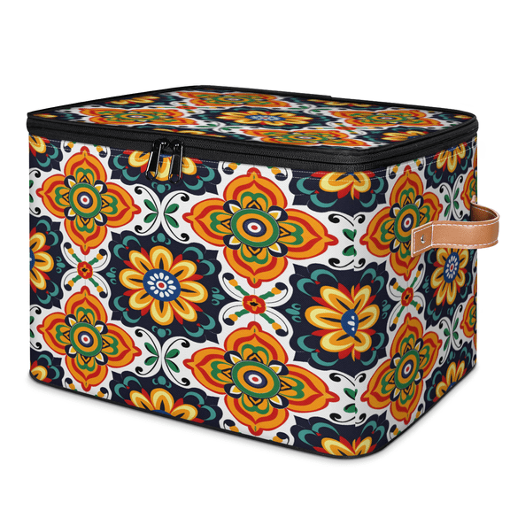 CURLYOOT Mexican Tile Fabric Storage Bins with Lids, Boho Tradicion Tile Foldable Storage Boxes Washable Storage Cube, Closet Bedroom Home Organizer Containers with PU Leather Handles