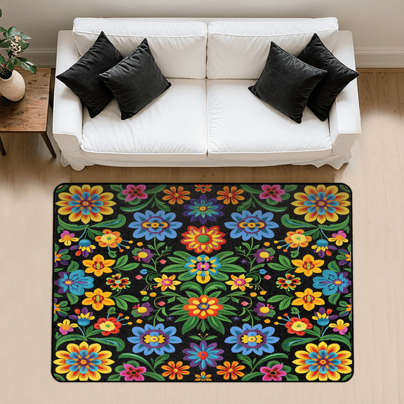 CURLYOOT Mexico Floral Area Rug 3x5 Ft Rugs for Entryway Entrance Kitchen, Washable Non Slip Traditional Mexican Boho Indoor Floor Carpet for Bedroom Living Room