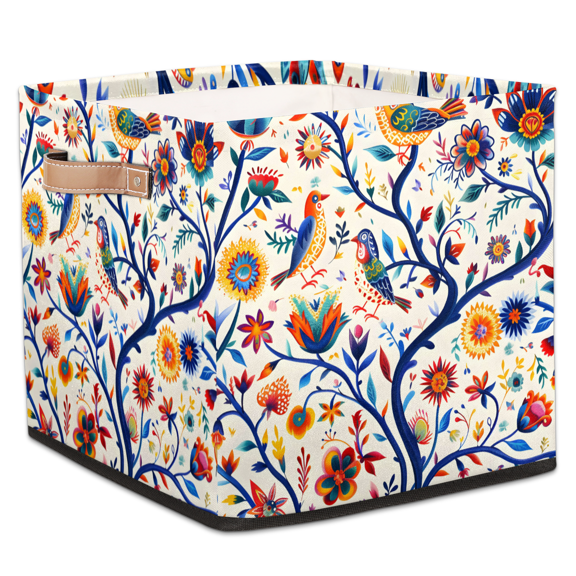 CURLYOOT Mexico Floral Cube Storage Bin, 13 x 13 x 13 Storage Cube Bins for Organizing, Ethnic Mexican Bird Fabric Foldable Closet Baskets with Handles for Closet, Shelves, Clothes