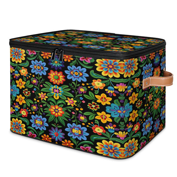 CURLYOOT Mexico Floral Fabric Storage Bins with Lids, Traditional Mexican Boho Foldable Storage Boxes Washable Storage Cube, Closet Bedroom Home Organizer Containers