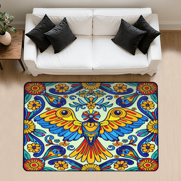 CURLYOOT Mexico Floral Style Area Rug 3x5 Ft Rugs for Entryway Entrance Kitchen, Washable Non Slip Mexican Bird Indoor Floor Carpet for Bedroom Living Room