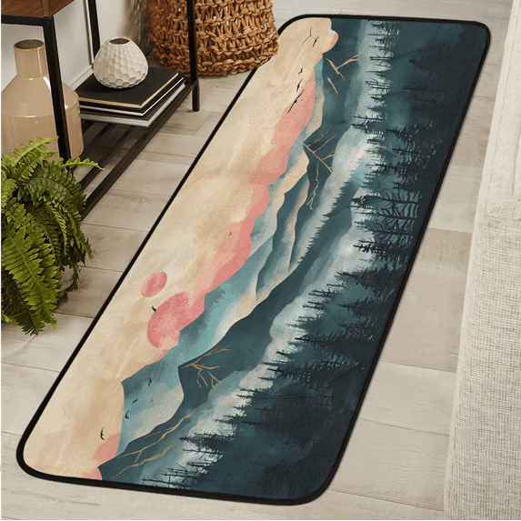 CURLYOOT Misty Forest Nature Mountain Runner Rug 2'x6' Washable Kitchen Runner Rug Indoor Non Slip Laundry Rugs Floor Carpet for Hallway Kitchen Entryway Bedroom Living Room