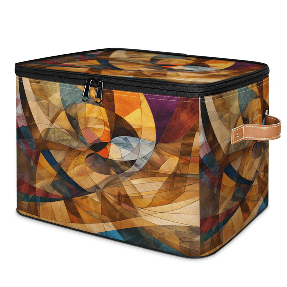 CURLYOOT Modern Boho Fabric Storage Bins with Lids, Abstract Foldable Storage Boxes Washable Storage Cube, Closet Bedroom Home Organizer Containers with PU Leather Handles