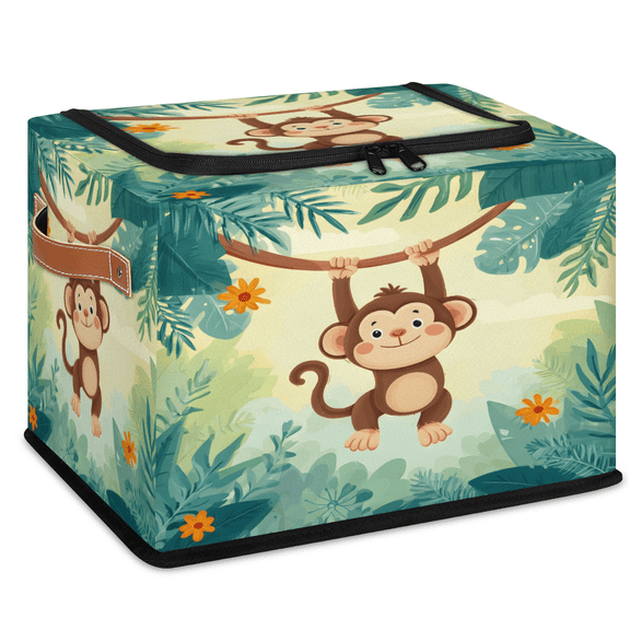 CURLYOOT Monkey Animal Storage Bin with Zipper Lid, Tropical Forest Fabric Storage Basket with Handles, Decorative Foldable Storages Box Clothes Organizer for Closet, Shelf