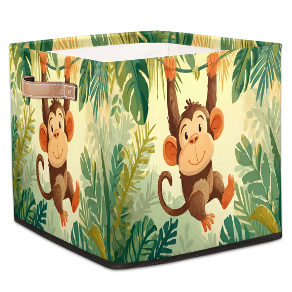 CURLYOOT Monkey Nature Jungle Trees Cube Storage Bin, 13 x 13 x 13 Storage Cube Bins for Organizing, Fabric Foldable Baskets with Handles for Closet, Shelves, Clothes