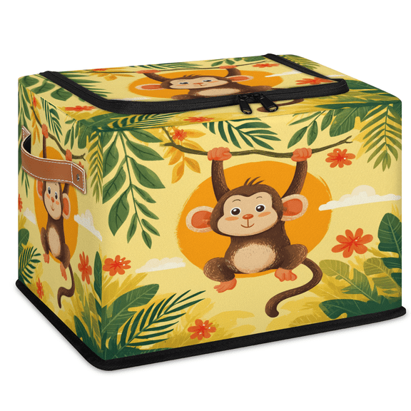CURLYOOT Monkey Storage Bin with Zipper Lid, Forest Animal Fabric Storage Basket with Handles, Decorative Foldable Storages Box Clothes Organizer for Closet, Shelf