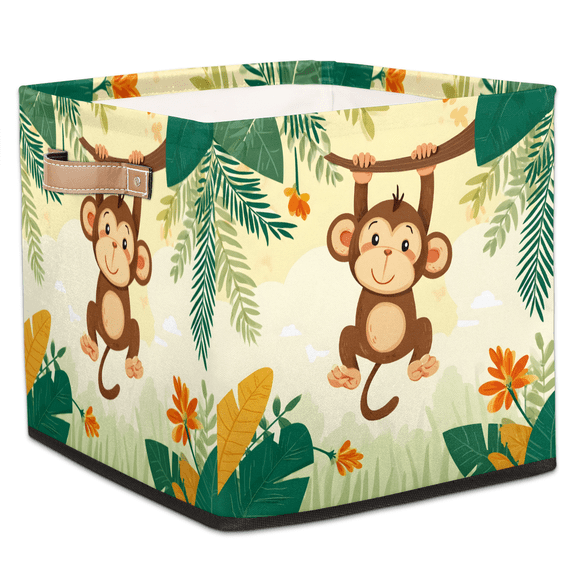CURLYOOT Monkey Wild Animal Palm Leaf Cube Storage Bin, 13 x 13 x 13 Storage Cube Bins for Organizing, Fabric Foldable Baskets with Handles for Closet, Shelves, Clothes