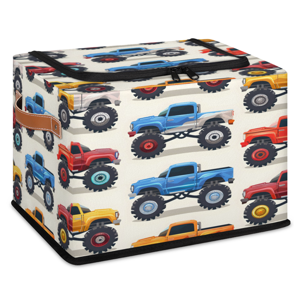 CURLYOOT Monster Truck Cars Storage Bin With Zipper Lid, Foldable Clothes Organizer Lidded Storage Baskets, Rectangular Box Closet Shelf Organizer for Bedroom Living Room