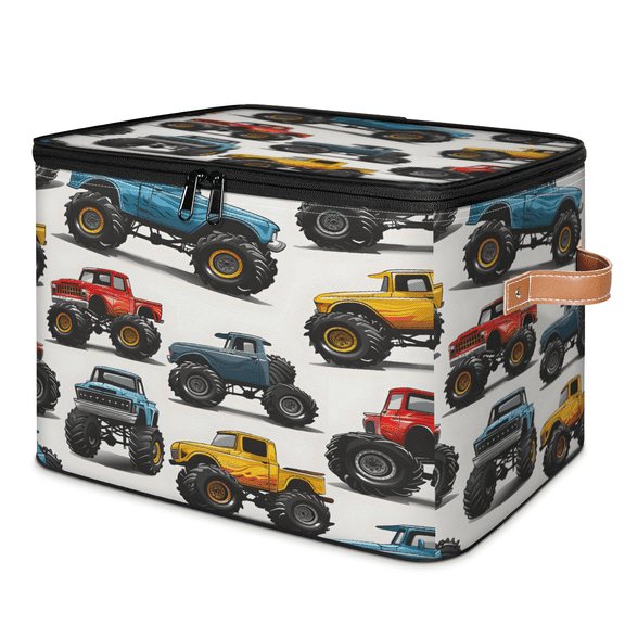 CURLYOOT Monster Truck Fabric Storage Bins with Lids, Foldable Storage Boxes Washable Storage Cube, Closet Bedroom Home Organizer Containers with PU Leather Handles