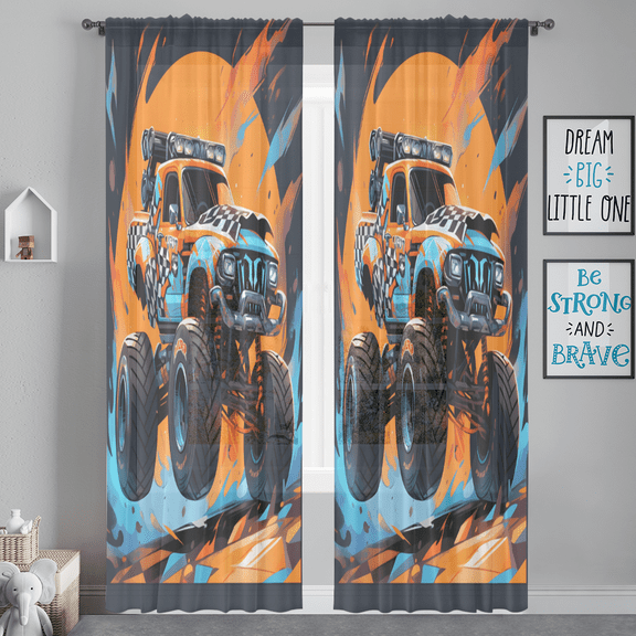 CURLYOOT Monster Truck Sheer Curtains 84 Inches Long, 2 Panels Set, Rod Pocket Semi Sheer Light Filtering Window Drapes for Bedroom, Living Room, 52 x 84 Inch