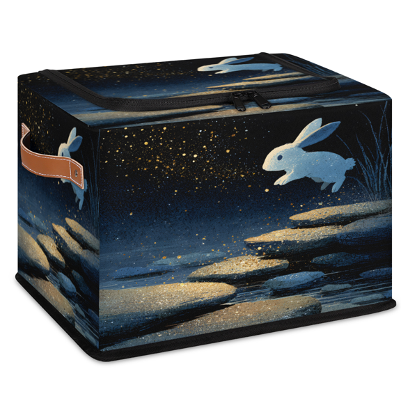 CURLYOOT Moon Night Jump Rabbit Storage Bin with Zipper Lid, Foldable Clothes Organizer Lidded Storage Baskets, Rectangular Box Closet Shelf Organizer for Living Room Bedroom Home
