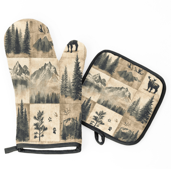 CURLYOOT Moose Forest Woodland Oven Mitts and Pot Holders Sets of 2, Non-Slip Washable Hot Pads and Oven Gloves for Kitchen Cooking Baking