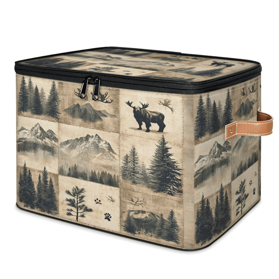 CURLYOOT Moose Forest Woodland Storage Bins with Lid, Decorative Fabric Storage Boxes, Foldable Closet Shelf Organizer Baskets for Bedroom, Living Room, Home