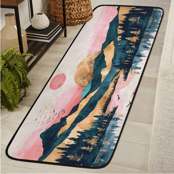 CURLYOOT Mountain Forest Tree with Sun Runner Rug 2'x6' Washable Kitchen Runner Rug Indoor Non Slip Laundry Rugs Floor Carpet for Hallway Kitchen Entryway Bedroom Living Room