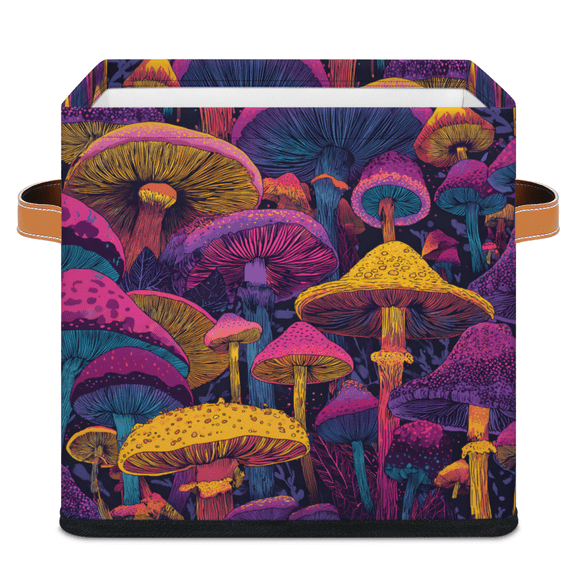 CURLYOOT Mushroom Cube Storage Bin, 11 Inch Storage Cube Fabric Bin for Shelves, Tropical Retro Botanical Foldable Clothes Organizer Baskets with Leather Handle for Closet Home