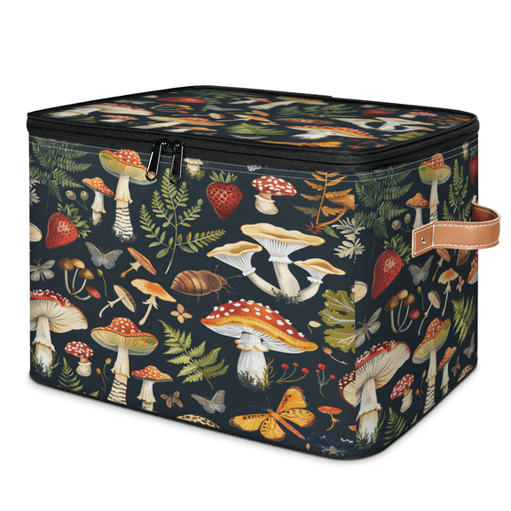 CURLYOOT Mushroom Fabric Storage Bins with Lids, Foldable Storage Boxes Washable Storage Cube, Closet Bedroom Home Organizer Containers with PU Leather Handles