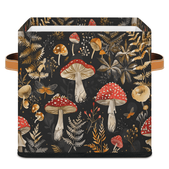 CURLYOOT Mushroom Plants Forest 11 x 11 Inch Cube Storage Bin, Fabric Storage Cube Foldable Basket with Leather Handles, Organizer Basket for Closet Shelves