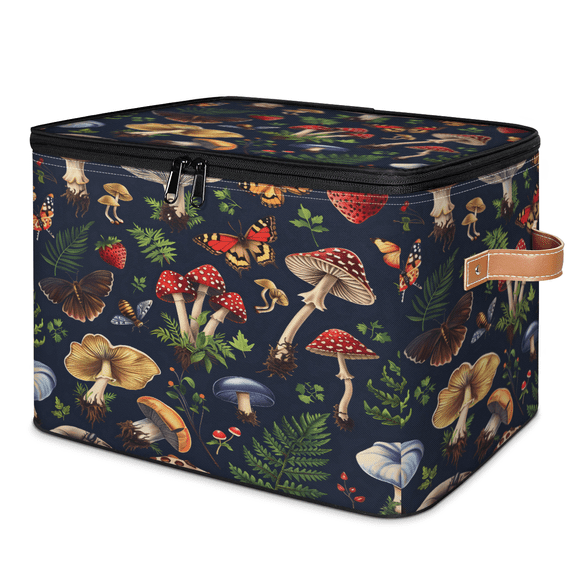 CURLYOOT Mushrooms Butterfly Floral Boho Fabric Storage Bins with Lids, Foldable Storage Boxes Washable Storage Cube, Closet Bedroom Home Organizer Containers with PU Leather Handles