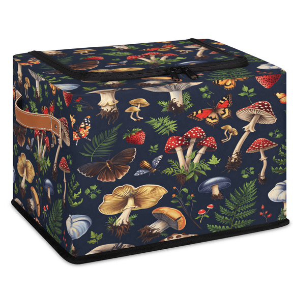 CURLYOOT Mushrooms Butterfly Floral Boho Storage Bin With Zipper Lid, Foldable Clothes Organizer Lidded Storage Baskets, Rectangular Box Closet Shelf Organizer for Bedroom Living Room
