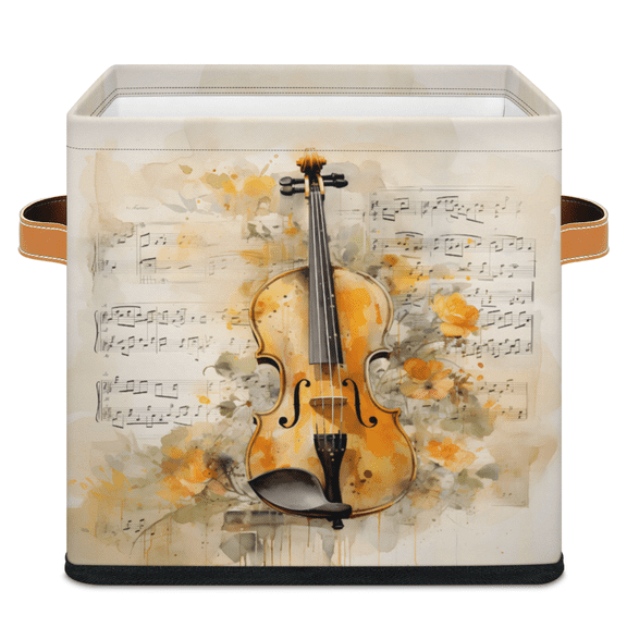 CURLYOOT Musical Violin 11 x 11 Inch Cube Storage Bin, Decorative Storage Cube Foldable Basket with Leather Handle, Fabric Bin for Closet Shelves Home Organizer