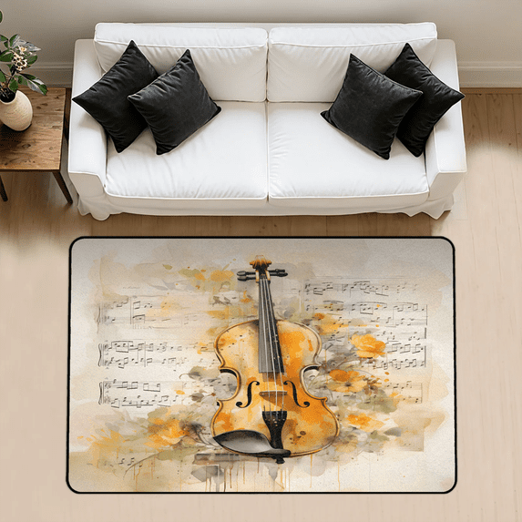CURLYOOT Musical Violin Rug for Living Room Bedroom, 4x6 Ft Washable Area Rug, Non Slip Rugs for Entryway, Large Carpet for Indoor Dining Room