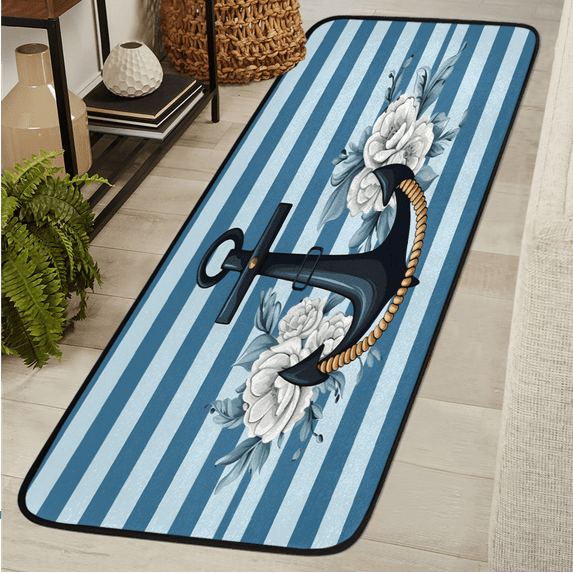 CURLYOOT Nautical Anchor Floral Runner Rug 2'x6' Washable Kitchen Runner Rug Indoor Non Slip Laundry Rugs Stripe Floor Carpet for Hallway Kitchen Entryway Bedroom Living Room