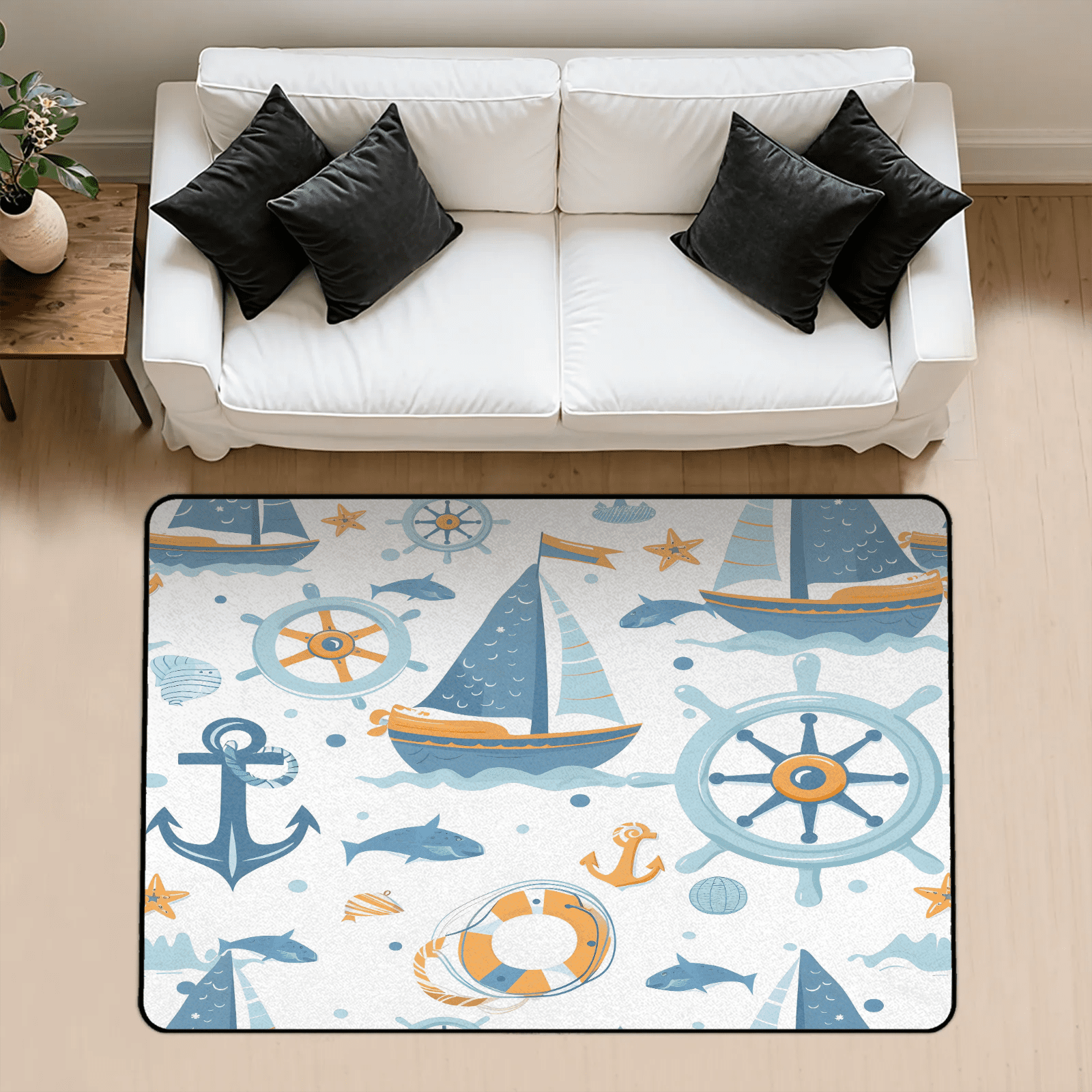 CURLYOOT Nautical Blue Helm Anchors Boat Rug for Living Room Bedroom ...